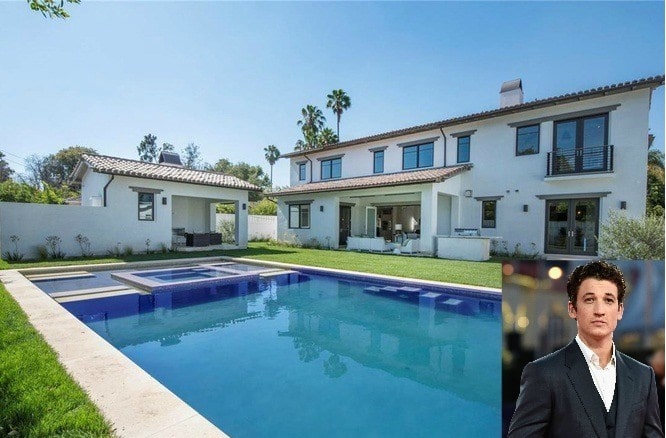 Miles Teller mansion with a large swimming pool in front of his house